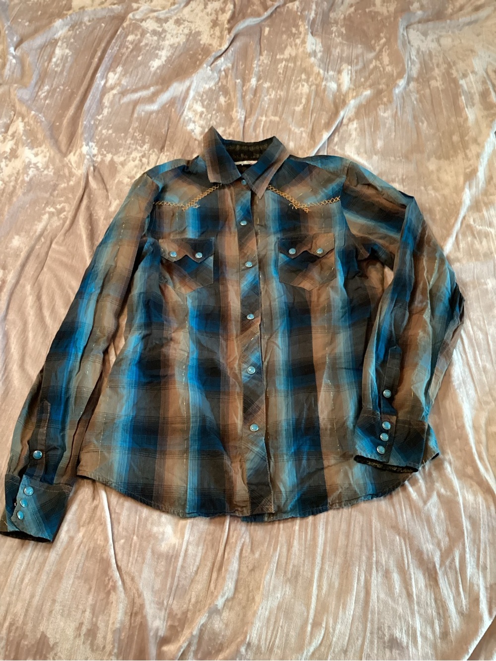 Tin Haul Blue and Brown Plaid Western Snap-Front Shirt